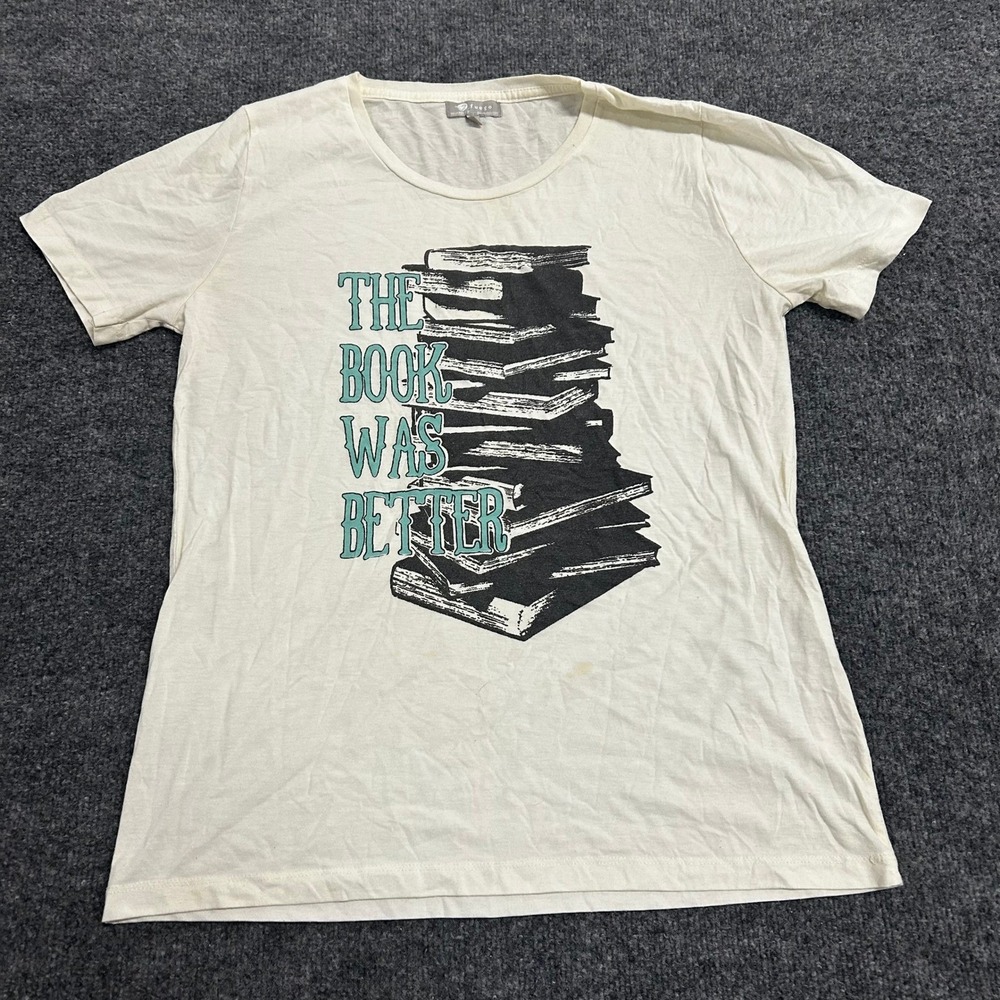 Fuego TShirt Womens Size L Cream The Book Was Better Graphic Relaxed Fit Short S